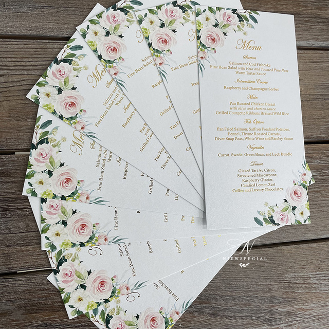100 szt. Klasyczne różowe zaproszenia na wesele - kwiatowy ogród zielonych kart menu z złotym foliowym nadrukiem - Wianko - 5