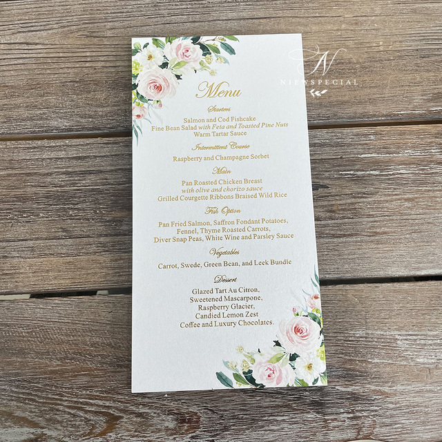 100 szt. Klasyczne różowe zaproszenia na wesele - kwiatowy ogród zielonych kart menu z złotym foliowym nadrukiem - Wianko - 1