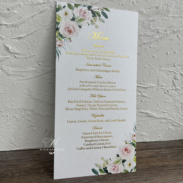 100 szt. Klasyczne różowe zaproszenia na wesele - kwiatowy ogród zielonych kart menu z złotym foliowym nadrukiem - Wianko - 9