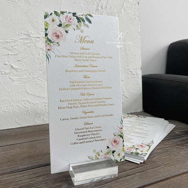 100 szt. Klasyczne różowe zaproszenia na wesele - kwiatowy ogród zielonych kart menu z złotym foliowym nadrukiem - Wianko - 3