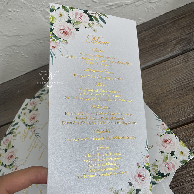 100 szt. Klasyczne różowe zaproszenia na wesele - kwiatowy ogród zielonych kart menu z złotym foliowym nadrukiem - Wianko - 6