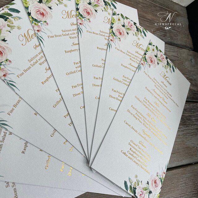100 szt. Klasyczne różowe zaproszenia na wesele - kwiatowy ogród zielonych kart menu z złotym foliowym nadrukiem - Wianko - 7