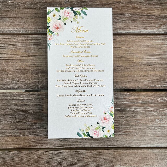 100 szt. Klasyczne różowe zaproszenia na wesele - kwiatowy ogród zielonych kart menu z złotym foliowym nadrukiem - Wianko - 4