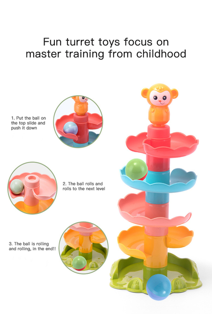 Zestaw edukacyjnych zabawek Spin Track - Tocząca się piłka, wieża kreskówka i małpa do układania - zabawki Montessori do nauki kolorów i kształtów dla dzieci - Wianko - 7