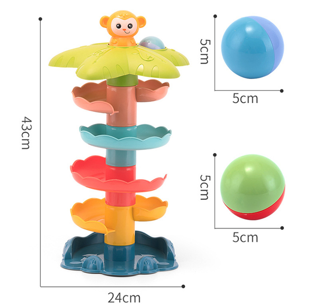 Zestaw edukacyjnych zabawek Spin Track - Tocząca się piłka, wieża kreskówka i małpa do układania - zabawki Montessori do nauki kolorów i kształtów dla dzieci - Wianko - 14