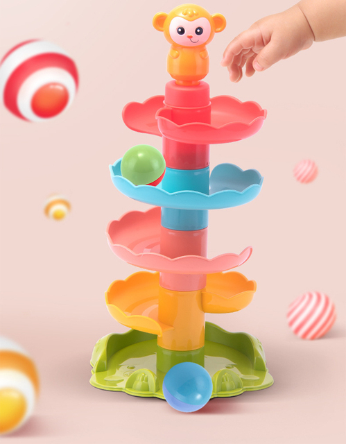 Zestaw edukacyjnych zabawek Spin Track - Tocząca się piłka, wieża kreskówka i małpa do układania - zabawki Montessori do nauki kolorów i kształtów dla dzieci - Wianko - 2