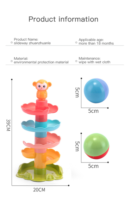 Zestaw edukacyjnych zabawek Spin Track - Tocząca się piłka, wieża kreskówka i małpa do układania - zabawki Montessori do nauki kolorów i kształtów dla dzieci - Wianko - 13