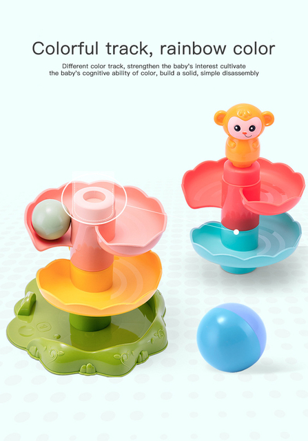 Zestaw edukacyjnych zabawek Spin Track - Tocząca się piłka, wieża kreskówka i małpa do układania - zabawki Montessori do nauki kolorów i kształtów dla dzieci - Wianko - 9