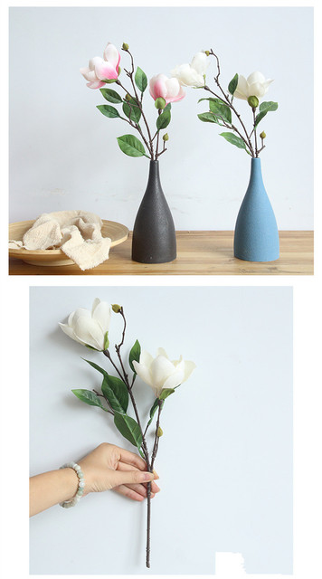 Kompozycja kwiatowa z dwiema głowami sztucznej magnolii wykonana z jedwabiu - idealna na ślubne dekoracje i do ozdób domowych - Wianko - 10