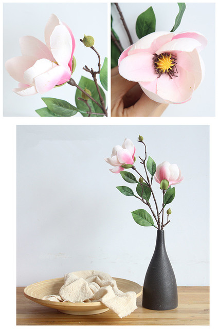 Kompozycja kwiatowa z dwiema głowami sztucznej magnolii wykonana z jedwabiu - idealna na ślubne dekoracje i do ozdób domowych - Wianko - 14