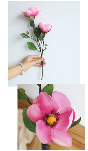 Kompozycja kwiatowa z dwiema głowami sztucznej magnolii wykonana z jedwabiu - idealna na ślubne dekoracje i do ozdób domowych - Wianko - 15