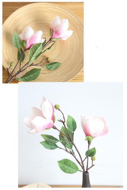 Kompozycja kwiatowa z dwiema głowami sztucznej magnolii wykonana z jedwabiu - idealna na ślubne dekoracje i do ozdób domowych - Wianko - 12