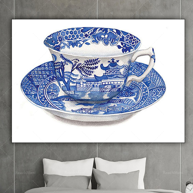 Malarstwo ścienne - Vintage akwarelowa filiżanka porcelanowa w stylu chińskim - plakat artystyczny na płótnie - dekoracja wnętrza - Wianko - 3
