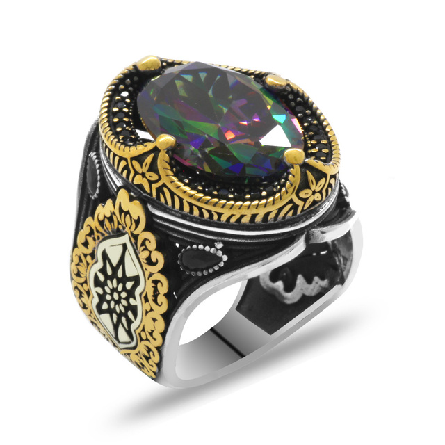 925 srebrny pierścień z alexandrytem, modna biżuteria męska - Vintage Onyx Aqeq, wszystkie rozmiary - Wianko - 3