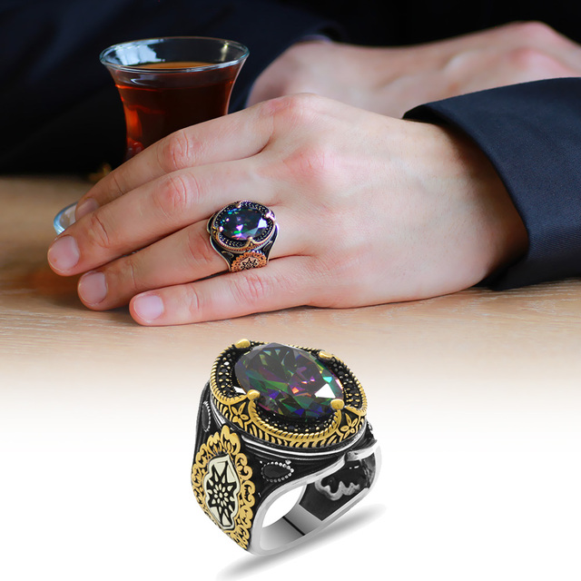 925 srebrny pierścień z alexandrytem, modna biżuteria męska - Vintage Onyx Aqeq, wszystkie rozmiary - Wianko - 1