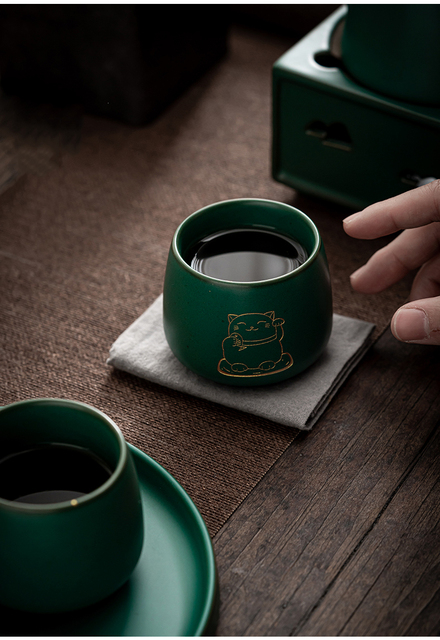 Filiżanka do herbaty CHANSHOVA 100ml, styl retro zielony kociak, ręcznie robiona, chińska porcelana H651 - Wianko - 9