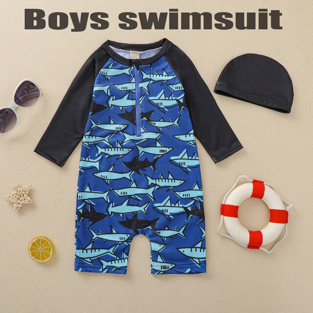 Jednoczęściowy strój kąpielowy dla chłopców Maluch z krótkim rękawem, w kolorowym wzorze, z zamkiem błyskawicznym i czepekem - Wianko - 1