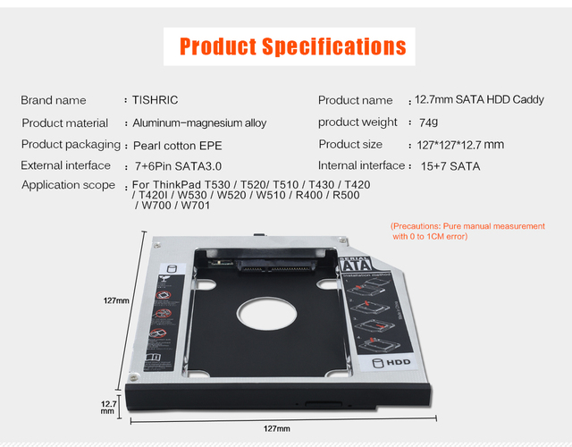 Obudowa na dysk twardy 2nd generacji TISHRIC, 12.7mm, SATA 3.0, 2.5, dla IBM Lenovo ThinkPad T510 T520 t530 T420 - Wianko - 11