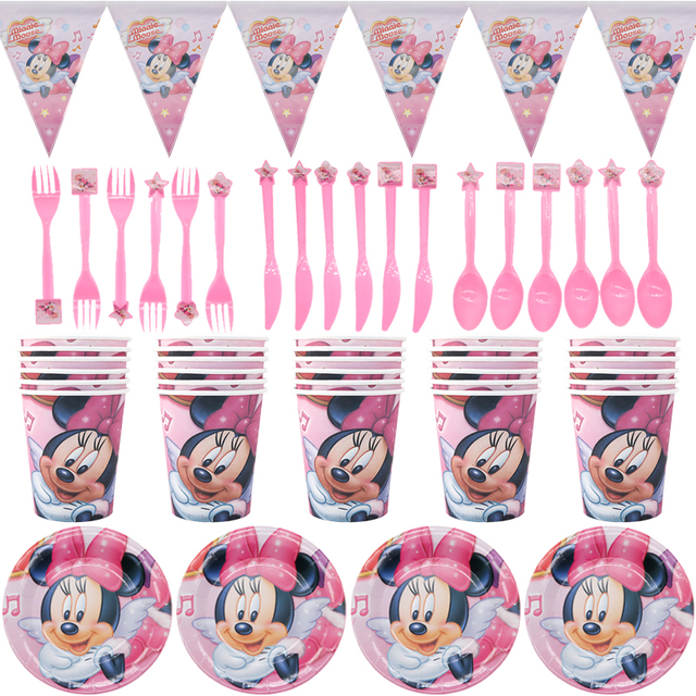 Różowa kreskówka Myszka Miki i Minnie - urodziny dekoracje jednorazowe: kubek, spodek, tkanki, słomki - Wianko - 1