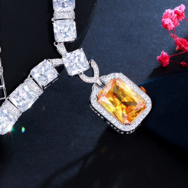 Żółty kubiczny cyrkon, duży, luksusowy wiszący spadek - biżuteria ślubna dla kobiet - Wianko - 7