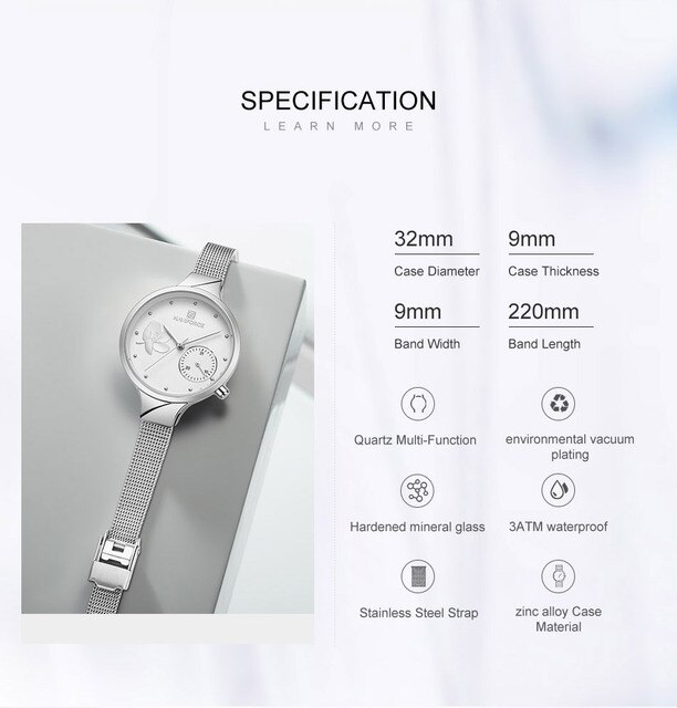 Nowy zegarek damski NAVIFORCE, marka luksusowa, bransoletka ze stali, kolor srebrny, Relogio Feminino - Wianko - 3