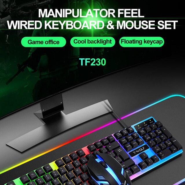 Klawiatura do gier i mysz przewodowa z podświetlaniem w tęczowych kolorach – ergonomiczne rozwiązania dla graczy na komputerze i laptopie - Wianko - 1