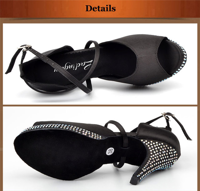 Nowe wodoodporne platformy satynowe buty do tańca Latin, ozdobione rhinestonami, w kolorze morela/czarnym - Wianko - 13