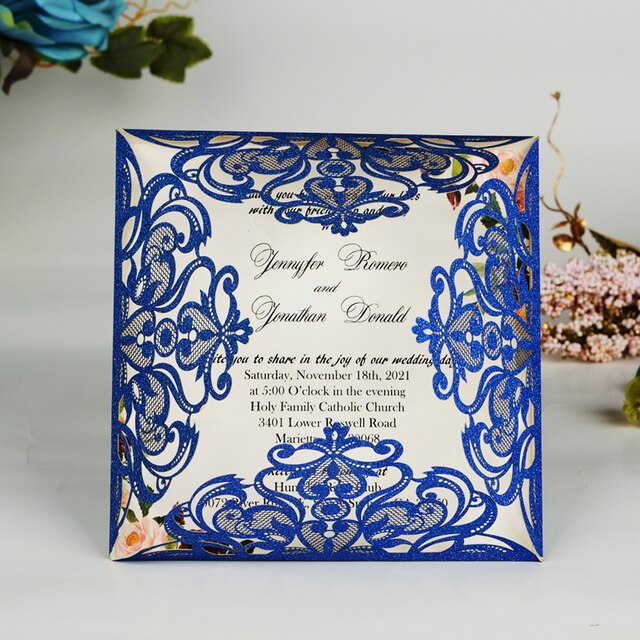 Zaproszenia na ślub - 50 sztuk w kolorze królewskim niebieskim, srebrnym i złotym z laserowo wyciętymi kwiatowymi zdobieniami - Wianko - 1