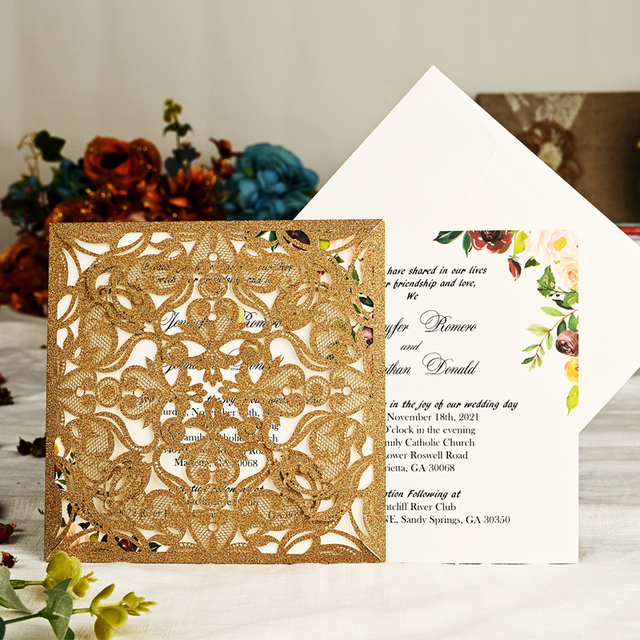 Zaproszenia na ślub - 50 sztuk w kolorze królewskim niebieskim, srebrnym i złotym z laserowo wyciętymi kwiatowymi zdobieniami - Wianko - 6