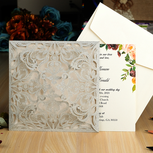 Zaproszenia na ślub - 50 sztuk w kolorze królewskim niebieskim, srebrnym i złotym z laserowo wyciętymi kwiatowymi zdobieniami - Wianko - 12