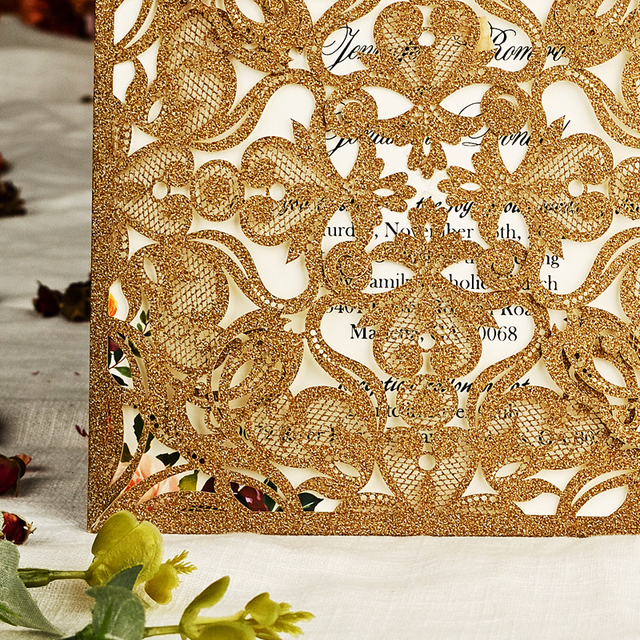 Zaproszenia na ślub - 50 sztuk w kolorze królewskim niebieskim, srebrnym i złotym z laserowo wyciętymi kwiatowymi zdobieniami - Wianko - 8