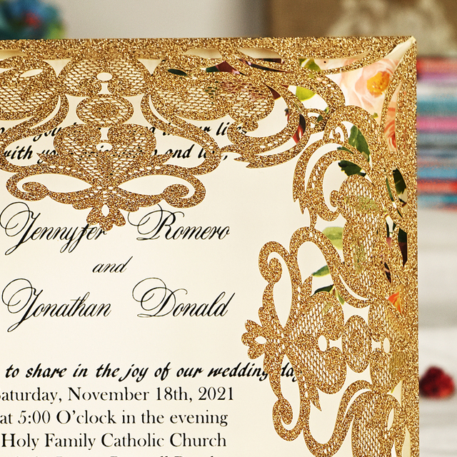 Zaproszenia na ślub - 50 sztuk w kolorze królewskim niebieskim, srebrnym i złotym z laserowo wyciętymi kwiatowymi zdobieniami - Wianko - 10