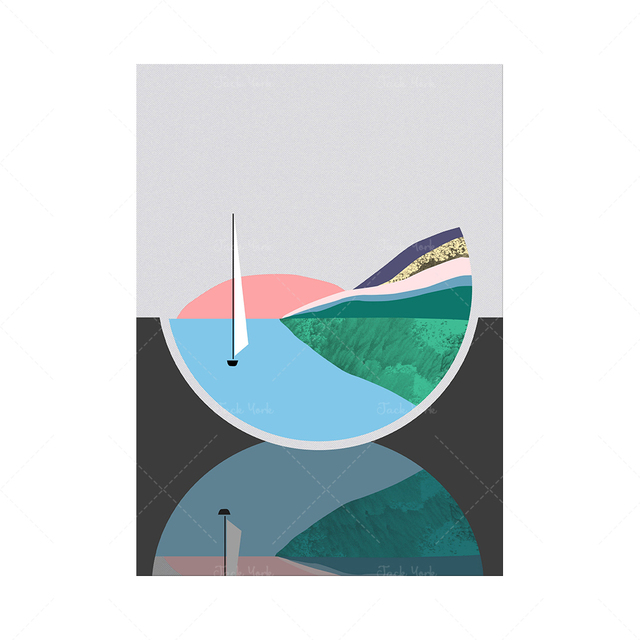 Wystrój domu: Abstrakcyjna wyspa - łódź, morze, góra - zestaw, geometryczny minimalistyczny, współczesny abstrakcyjny - Wianko - 5