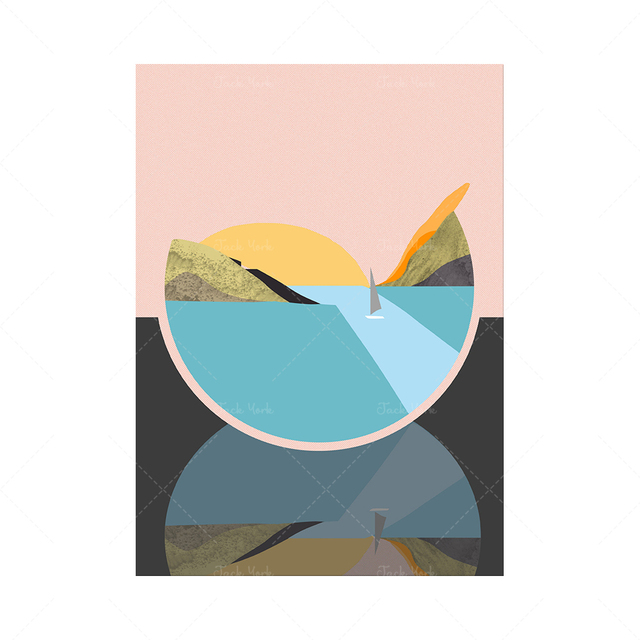 Wystrój domu: Abstrakcyjna wyspa - łódź, morze, góra - zestaw, geometryczny minimalistyczny, współczesny abstrakcyjny - Wianko - 4