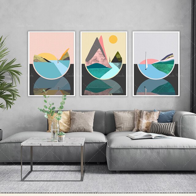 Wystrój domu: Abstrakcyjna wyspa - łódź, morze, góra - zestaw, geometryczny minimalistyczny, współczesny abstrakcyjny - Wianko - 3