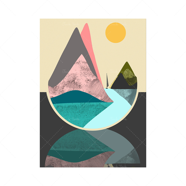 Wystrój domu: Abstrakcyjna wyspa - łódź, morze, góra - zestaw, geometryczny minimalistyczny, współczesny abstrakcyjny - Wianko - 6
