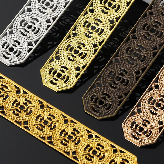 10 sztuk drążących taśm Charms o wymiarach 82x15mm w złotym i srebrnym kolorze, wykonanych z mosiądzu, filigranowych złącz do tworzenia biżuterii DIY - Wianko - 5