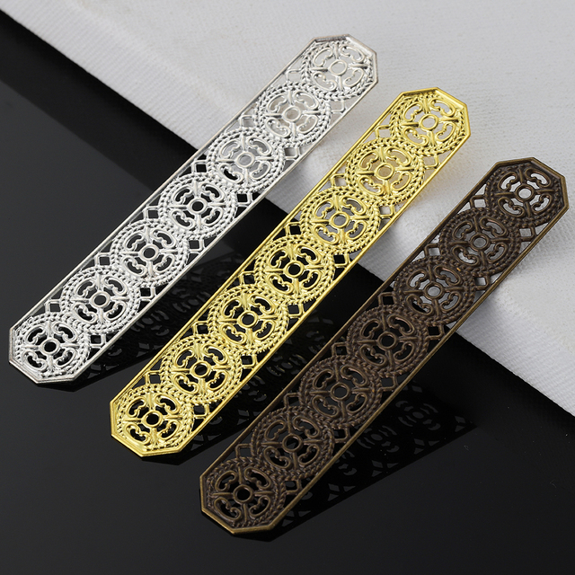 10 sztuk drążących taśm Charms o wymiarach 82x15mm w złotym i srebrnym kolorze, wykonanych z mosiądzu, filigranowych złącz do tworzenia biżuterii DIY - Wianko - 3