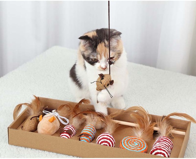 Zestaw 7 sztuk zabawek dla kota: piłka, pióro, kocimiętka, sizal, skrzynka - Wianko - 1