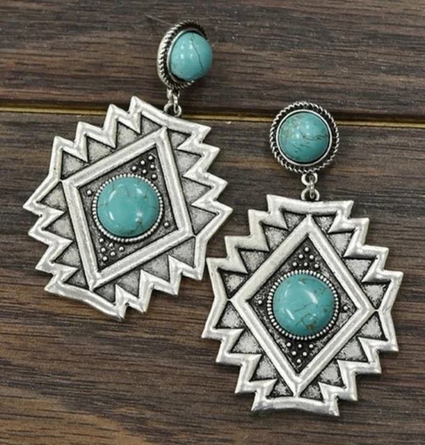 Metalowe turkusowe i azteckie kolczyki retro dla kobiet - południowo-zachodnia biżuteria geometryczna - Wianko - 4