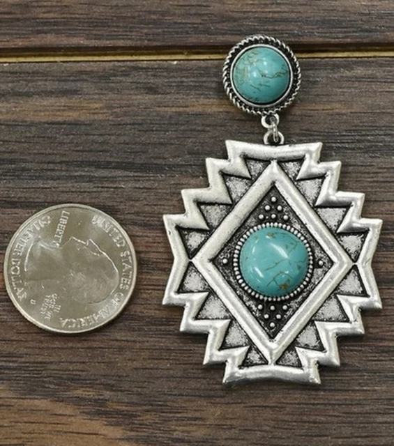 Metalowe turkusowe i azteckie kolczyki retro dla kobiet - południowo-zachodnia biżuteria geometryczna - Wianko - 9