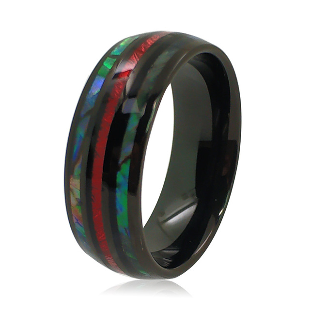 Mężczyźni: Czarne wolframowe pierścienie węglikowe, 8mm, czerwony meteoryt i Abalone Shell, rozmiar 7-12 - Wianko - 1