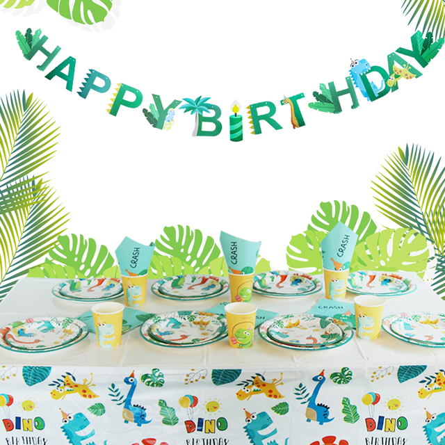Zestaw dekoracji urodzinowych Dinosaurus - jednorazowe zastawy stołowe, papierowe talerze, kubki, słomki i banner - Wianko - 10