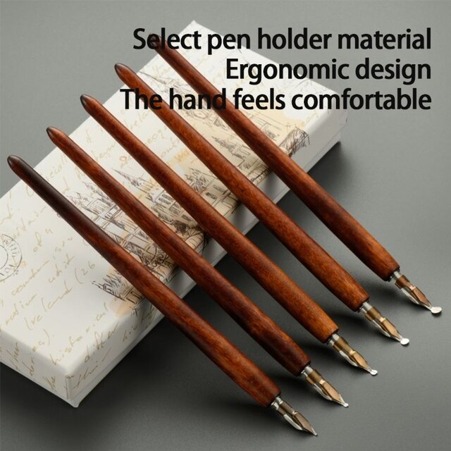 Klasyczne drewniane pióro atramentowe z zestawem 5 stalówek - antyczna kaligrafia i pisanie narzędzia - Wianko - 4