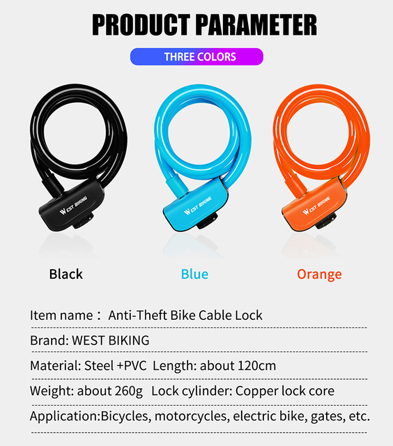 Blokada rowerowa WEST BIKING 1.2m z dwoma kluczami - ochrona przed kradzieżą motocykla i roweru MTB/Road Bike - stalowy drut - Wianko - 3