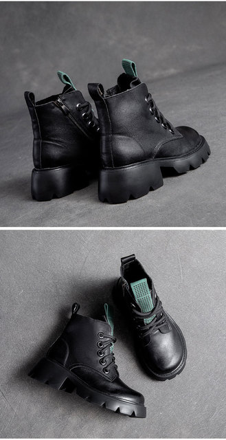 Johnature buty damskie skórzane 2021 jesień zima sznurowane okrągły nosek ręcznie robione - Wianko - 10
