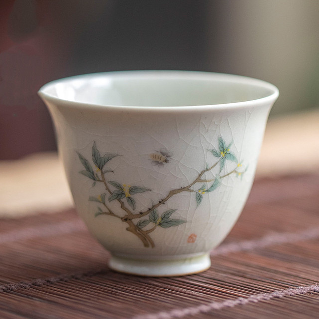 Zestaw 4 sztuk filiżanek retro ceramicznych z ręcznie malowanymi kwiatami i ptakami - małe miseczki chińskie dedykowane do herbaty (akcesoria do herbaty) - Wianko - 9
