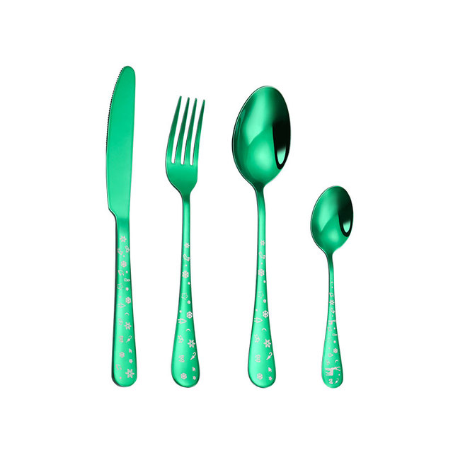 Zielone naczynia obiadowe ze stalowymi sztućcami - 4 sztuki - Wianko - 2