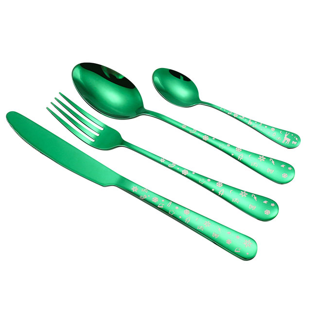 Zielone naczynia obiadowe ze stalowymi sztućcami - 4 sztuki - Wianko - 10