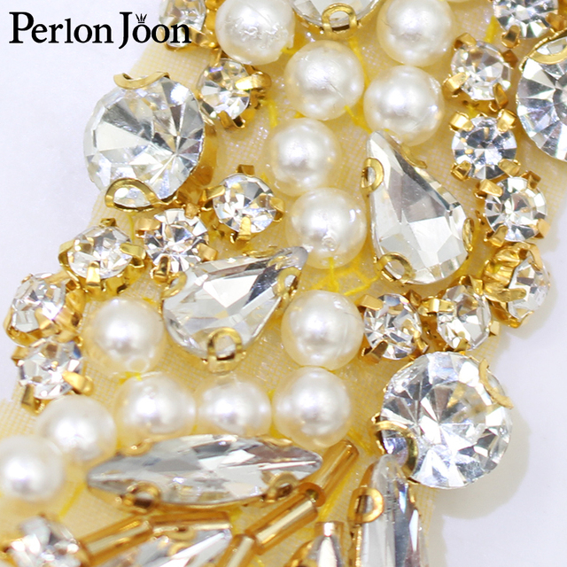 Złote ręcznie robione perły z aplikacją kryształową na pasek do sukni ślubnej - WH039 - Wianko - 3